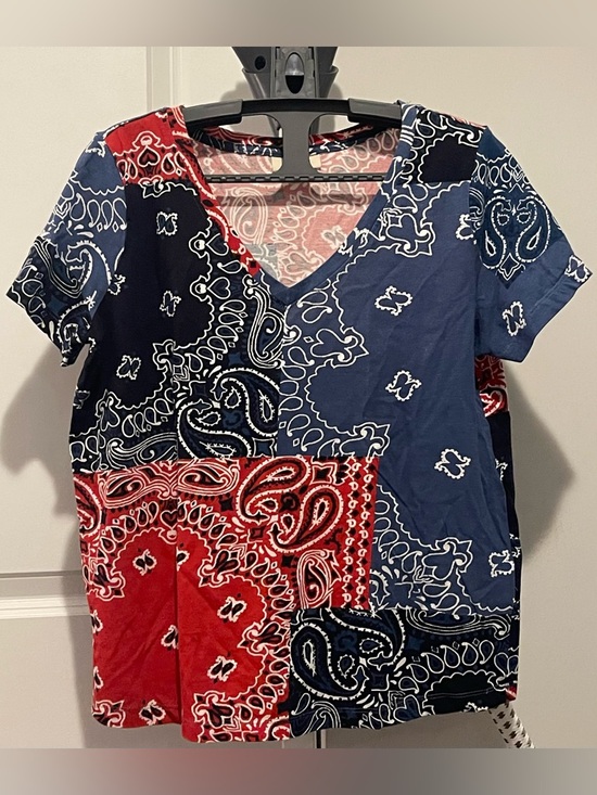 Style & Co. Tops - Style & Co Patchwork Bandana Print Tee Red White Blue V-Neck M Boho Western Top